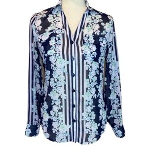 New York & Co semi-sheer floral striped blue and white button down Size Large